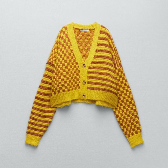 Zara Colourful Striped/Checkered Cropped Chunky Knit Cardigan - Picture 3 of 9